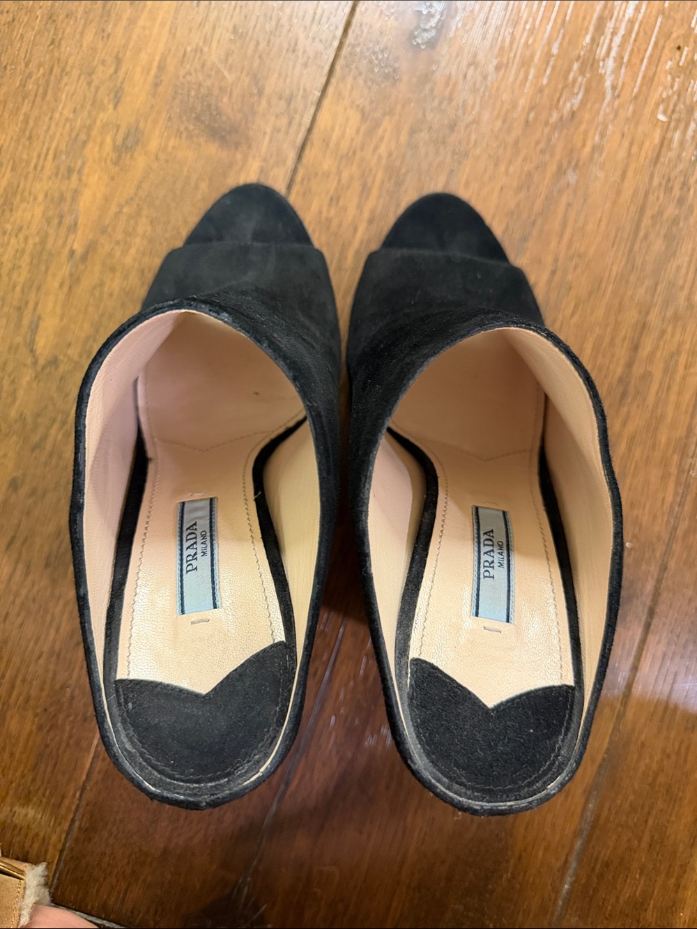 Prada - Women’s Black Suede Peep-Toe Wedge Bootie Mules Heel - Size: 38 - Picture 6 of 12
